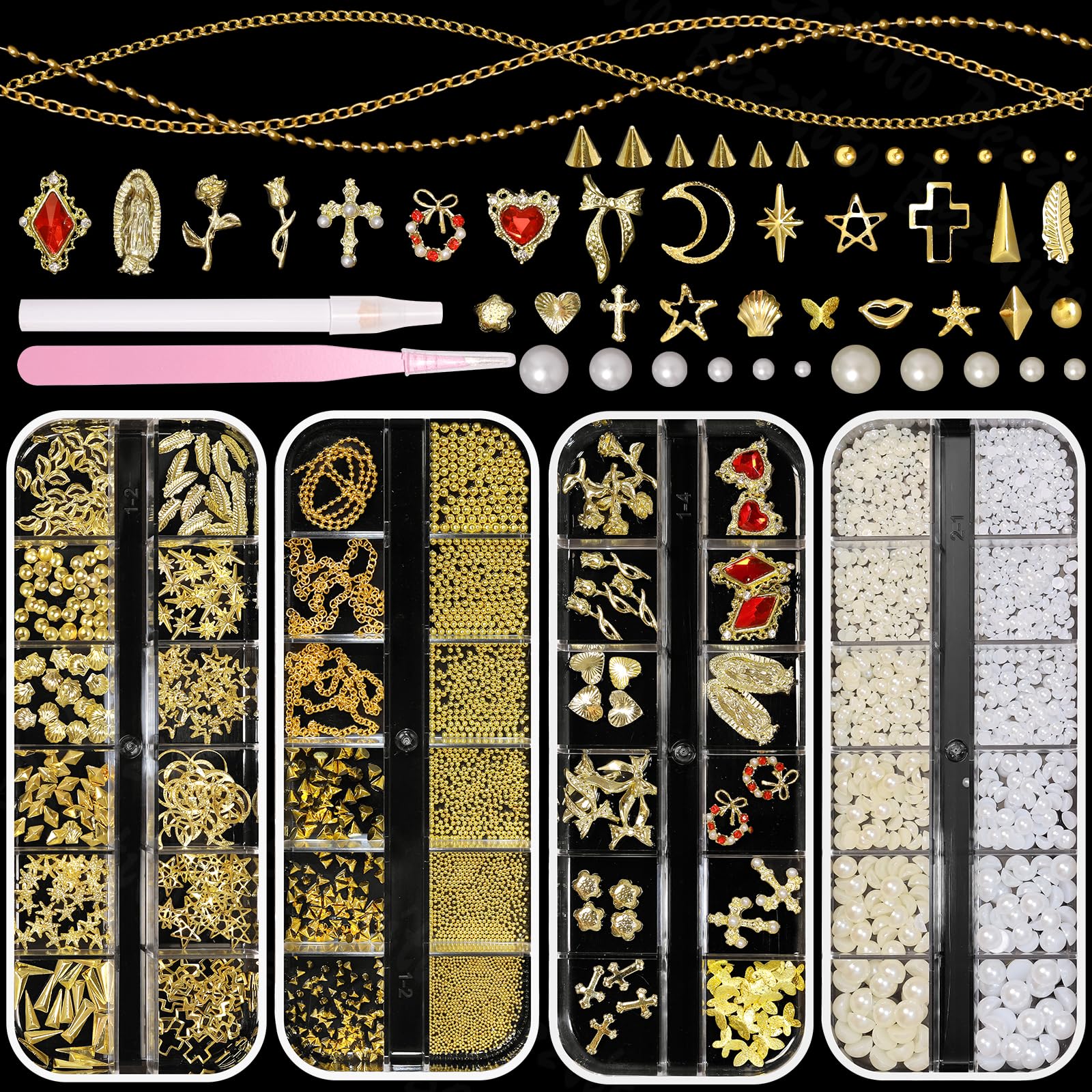 Bezztito 4 Boxes Gold Caviar & Pearl Nail Beads – Luxe Alloy Charms, Chains & Rivets for DIY Nail Art