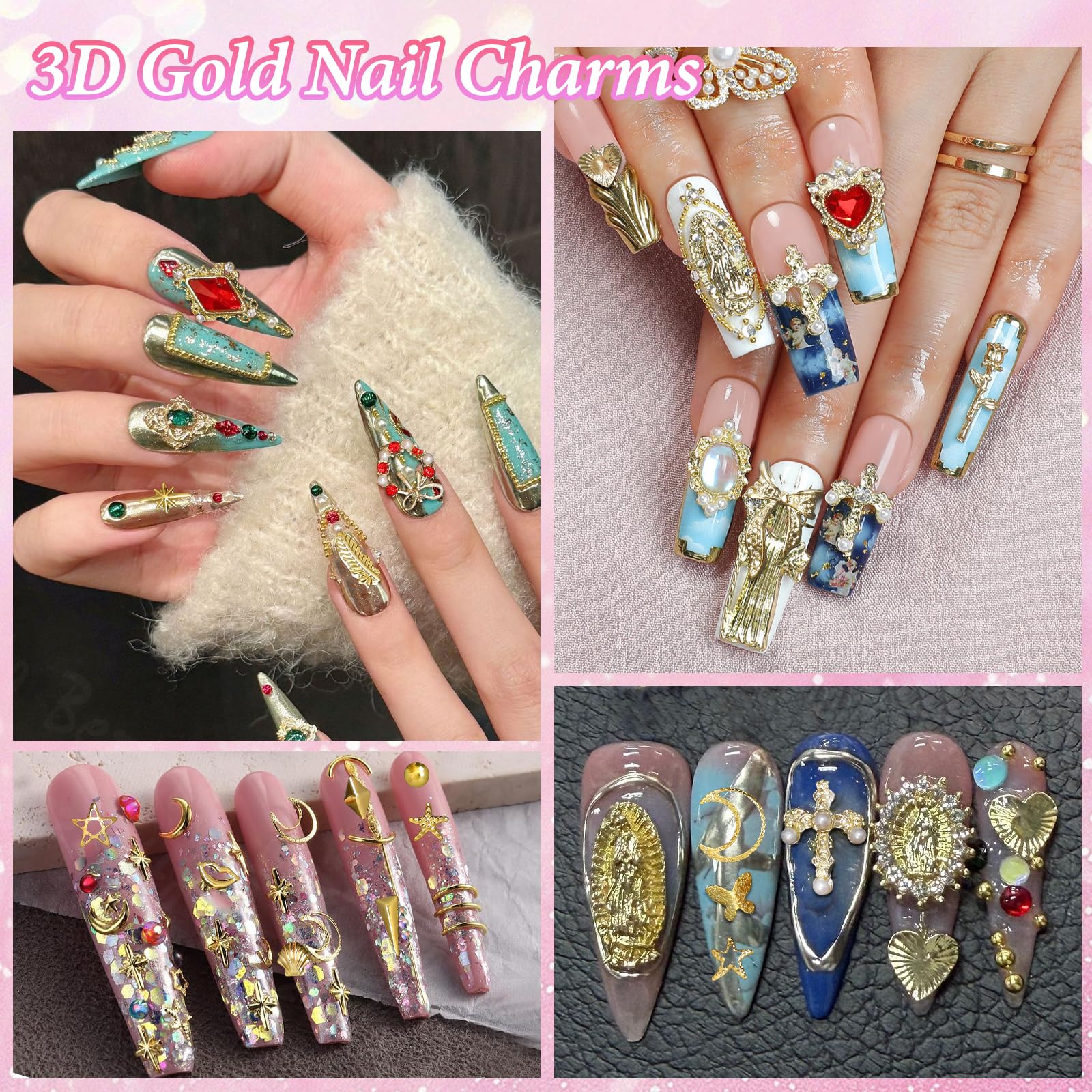 Bezztito 4 Boxes Gold Caviar & Pearl Nail Beads – Luxe Alloy Charms, Chains & Rivets for DIY Nail Art