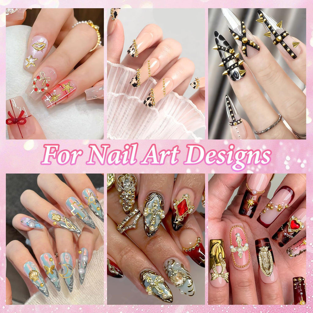 Bezztito 4 Boxes Gold Caviar & Pearl Nail Beads – Luxe Alloy Charms, Chains & Rivets for DIY Nail Art