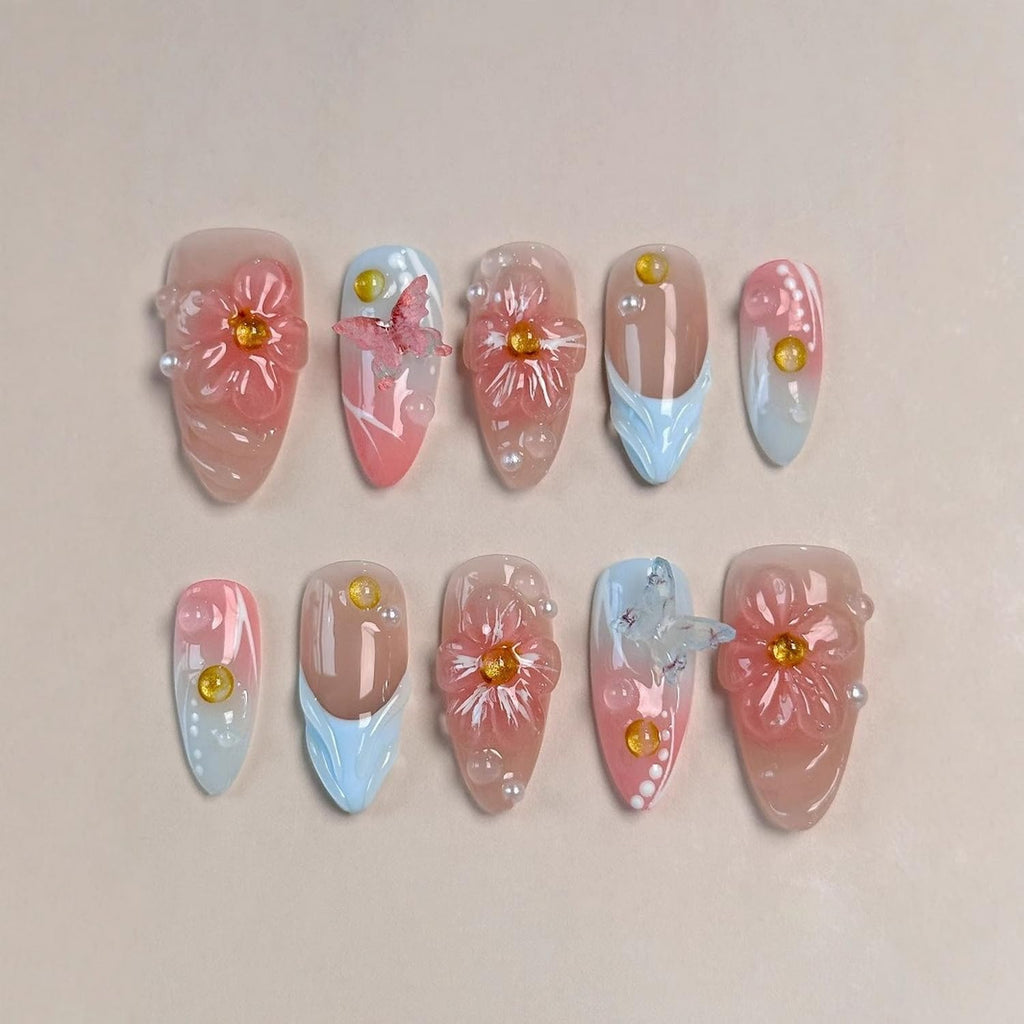 BHOOKA Flower Press On Nails Pink-Blue Gradient | 3D Floral Butterfly Pearl Design, Medium Almond