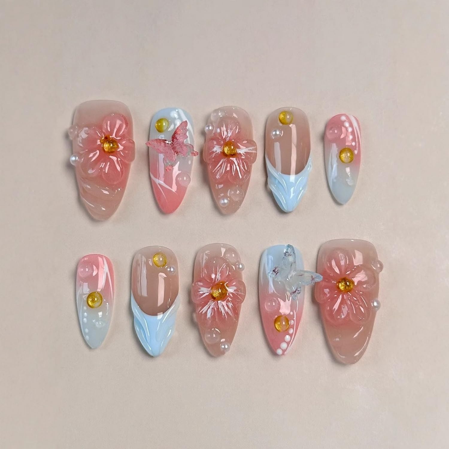 BHOOKA Flower Press On Nails Pink-Blue Gradient | 3D Floral Butterfly Pearl Design, Medium Almond