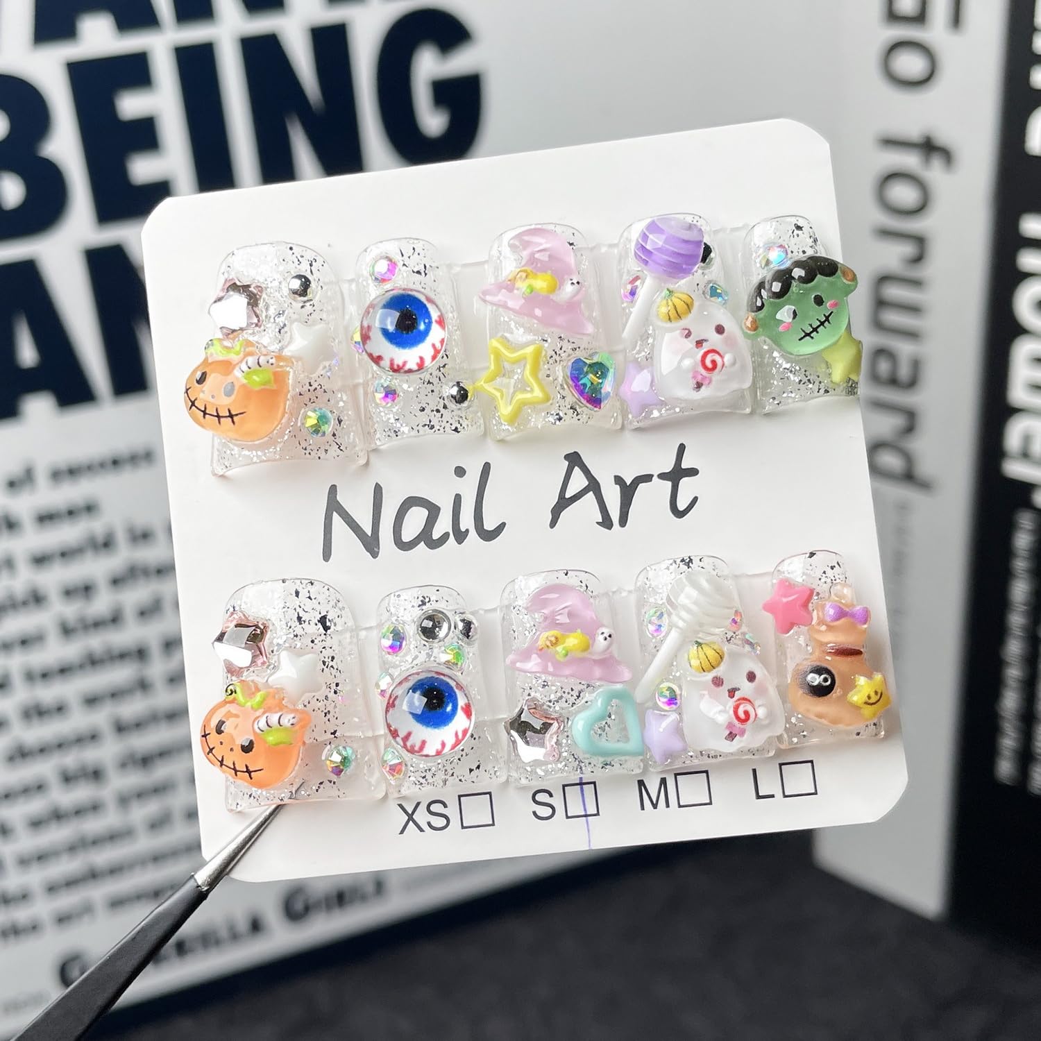 BHOOKA Halloween Press On Nails - Short Duck Size S with 3D Ghost & Pumpkin Designs