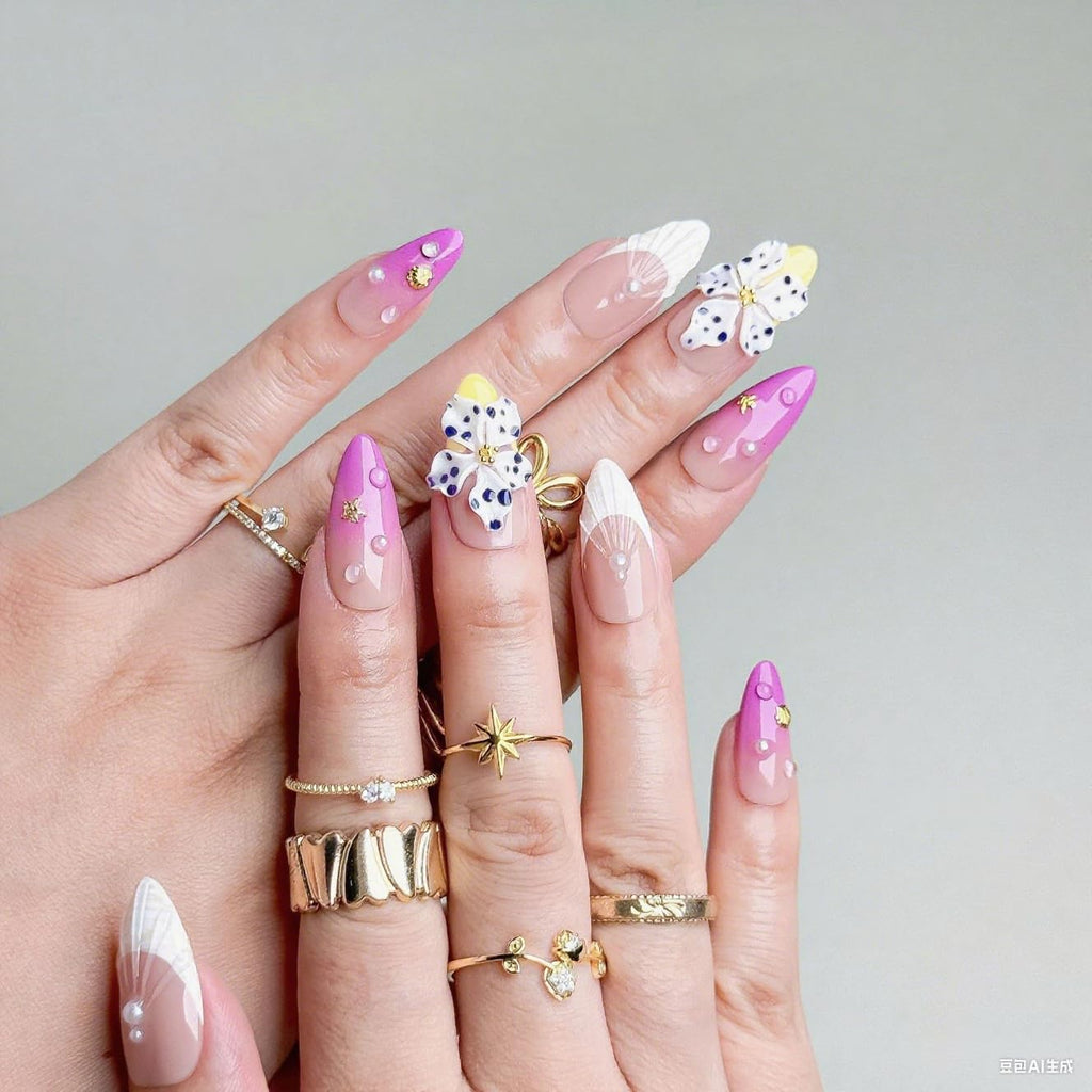 BHOOKA Flower Press on Nails - Purple Gradient, 3D White Flower & Pearl, French Tip, Medium Almond (Size S)