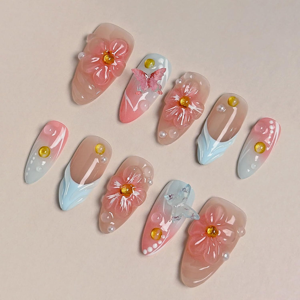 BHOOKA Flower Press On Nails Pink-Blue Gradient | 3D Floral Butterfly Pearl Design, Medium Almond