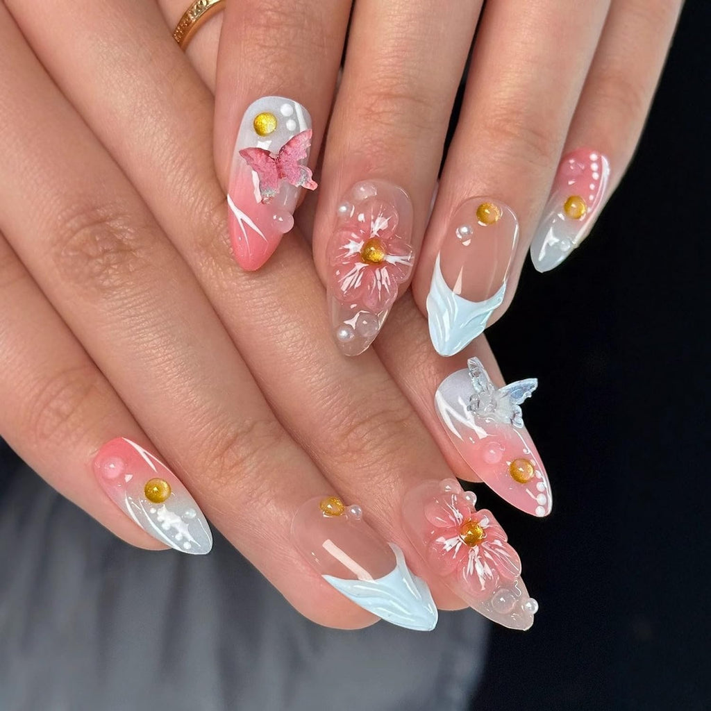 BHOOKA Flower Press On Nails Pink-Blue Gradient | 3D Floral Butterfly Pearl Design, Medium Almond