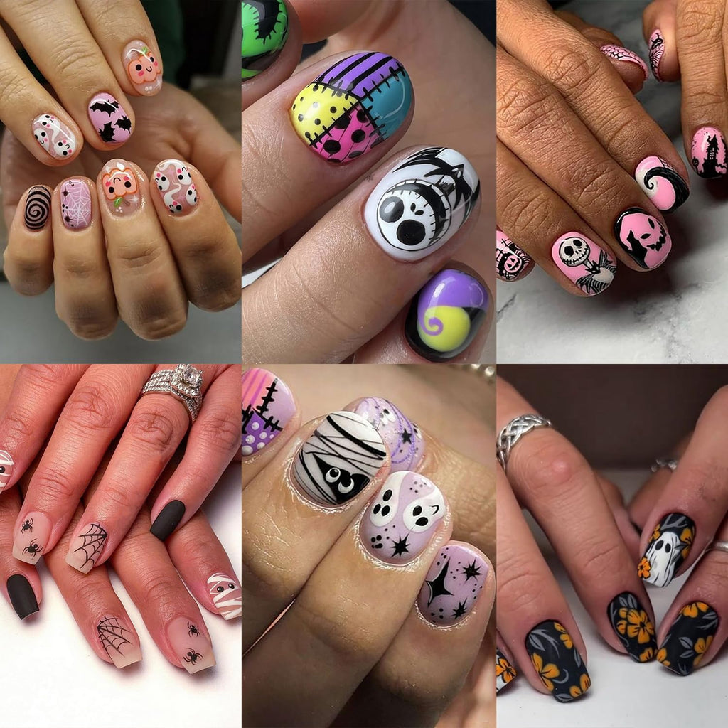 BHOOKA Halloween Press-On Nails Kit – 144 Short Square Full Cover Nails in 6 Styles