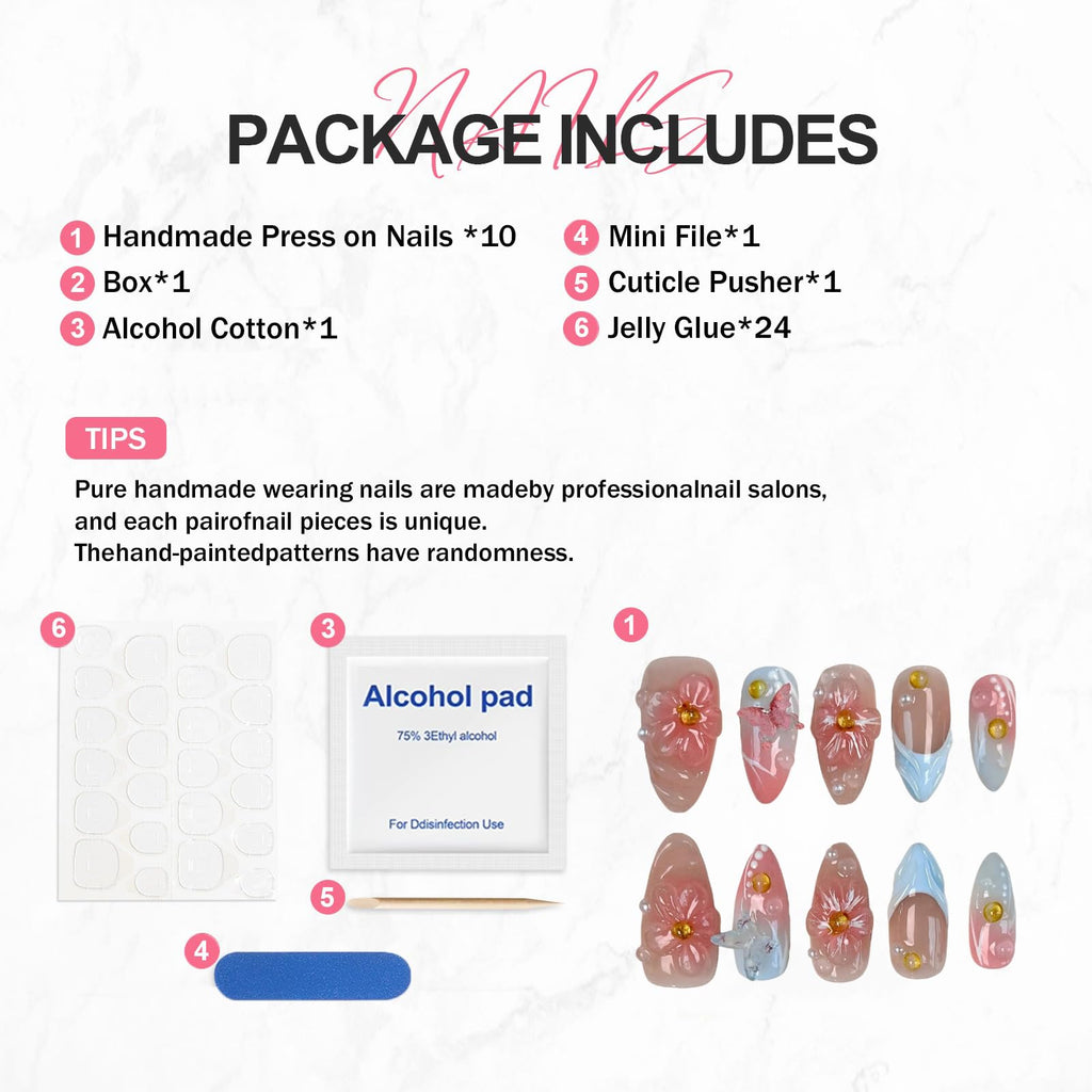 BHOOKA Flower Press On Nails Pink-Blue Gradient | 3D Floral Butterfly Pearl Design, Medium Almond