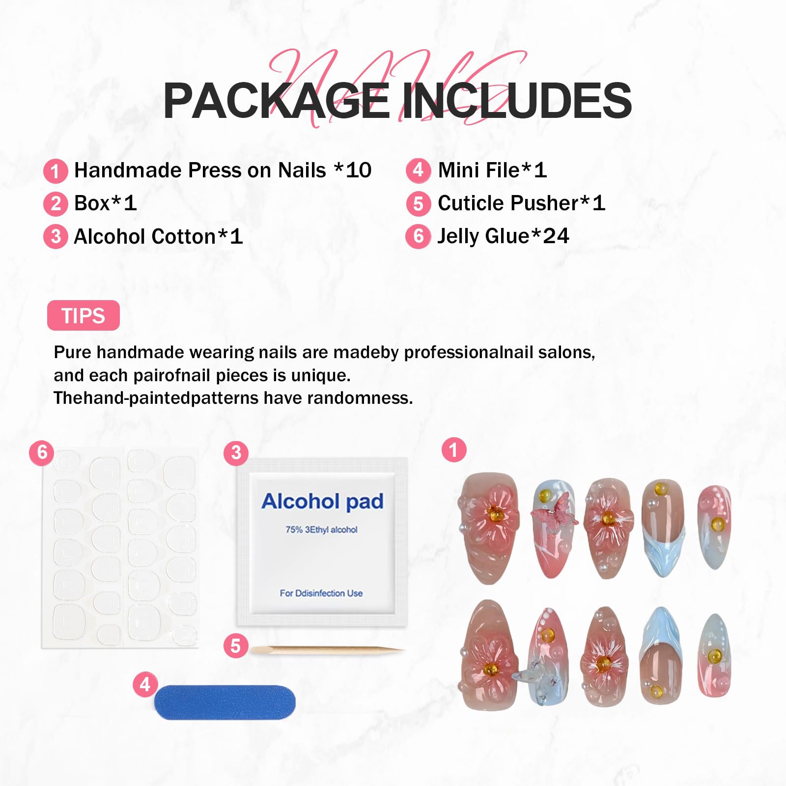 BHOOKA Flower Press On Nails Pink-Blue Gradient | 3D Floral Butterfly Pearl Design, Medium Almond
