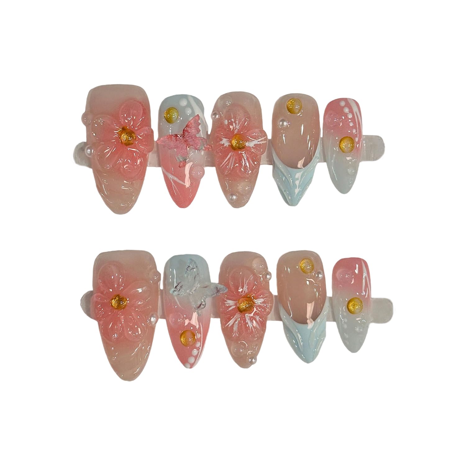 BHOOKA Flower Press On Nails Pink-Blue Gradient | 3D Floral Butterfly Pearl Design, Medium Almond