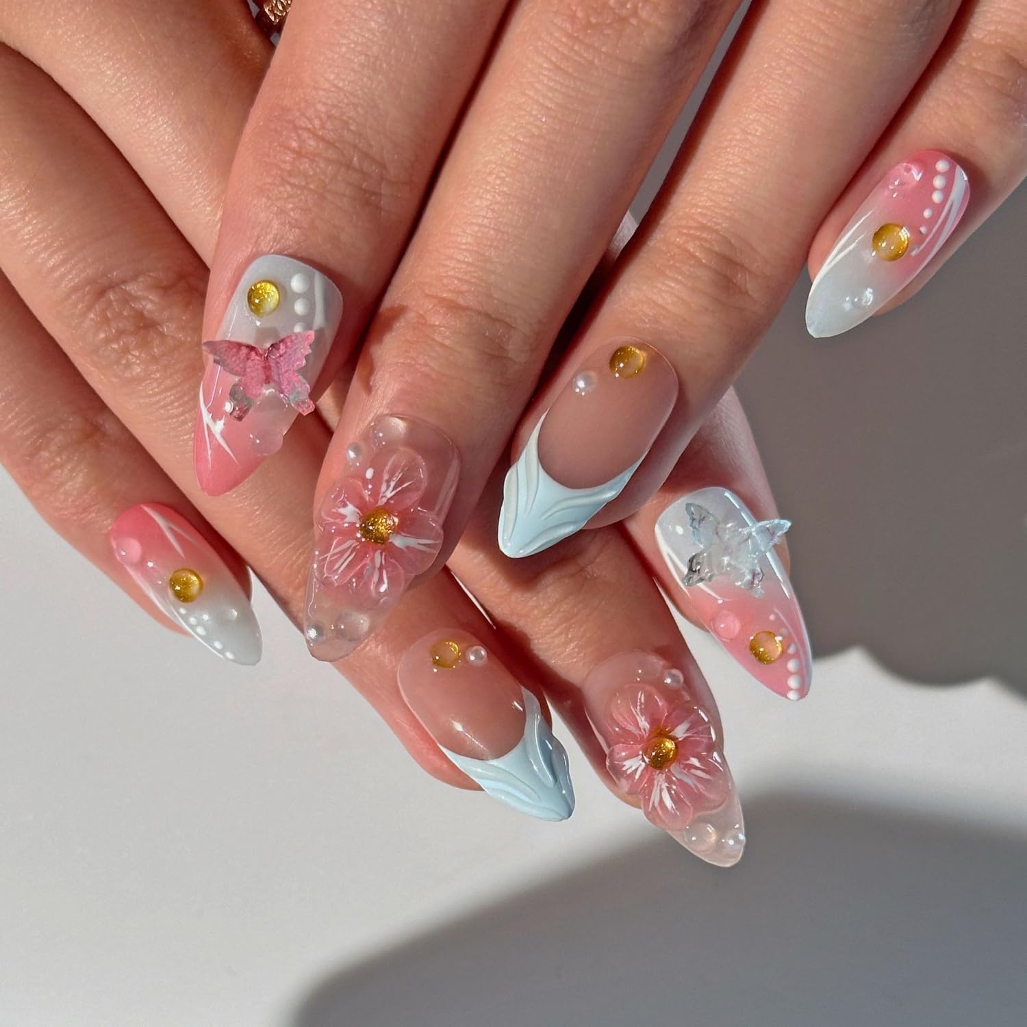 BHOOKA Flower Press On Nails Pink-Blue Gradient | 3D Floral Butterfly Pearl Design, Medium Almond