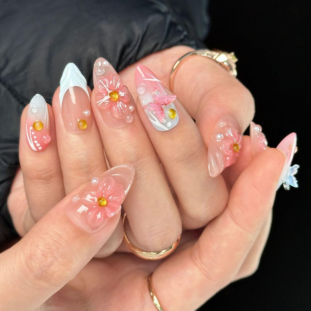 BHOOKA Flower Press On Nails Pink-Blue Gradient | 3D Floral Butterfly Pearl Design, Medium Almond
