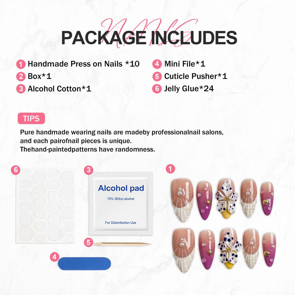 BHOOKA Flower Press on Nails - Purple Gradient, 3D White Flower & Pearl, French Tip, Medium Almond (Size S)