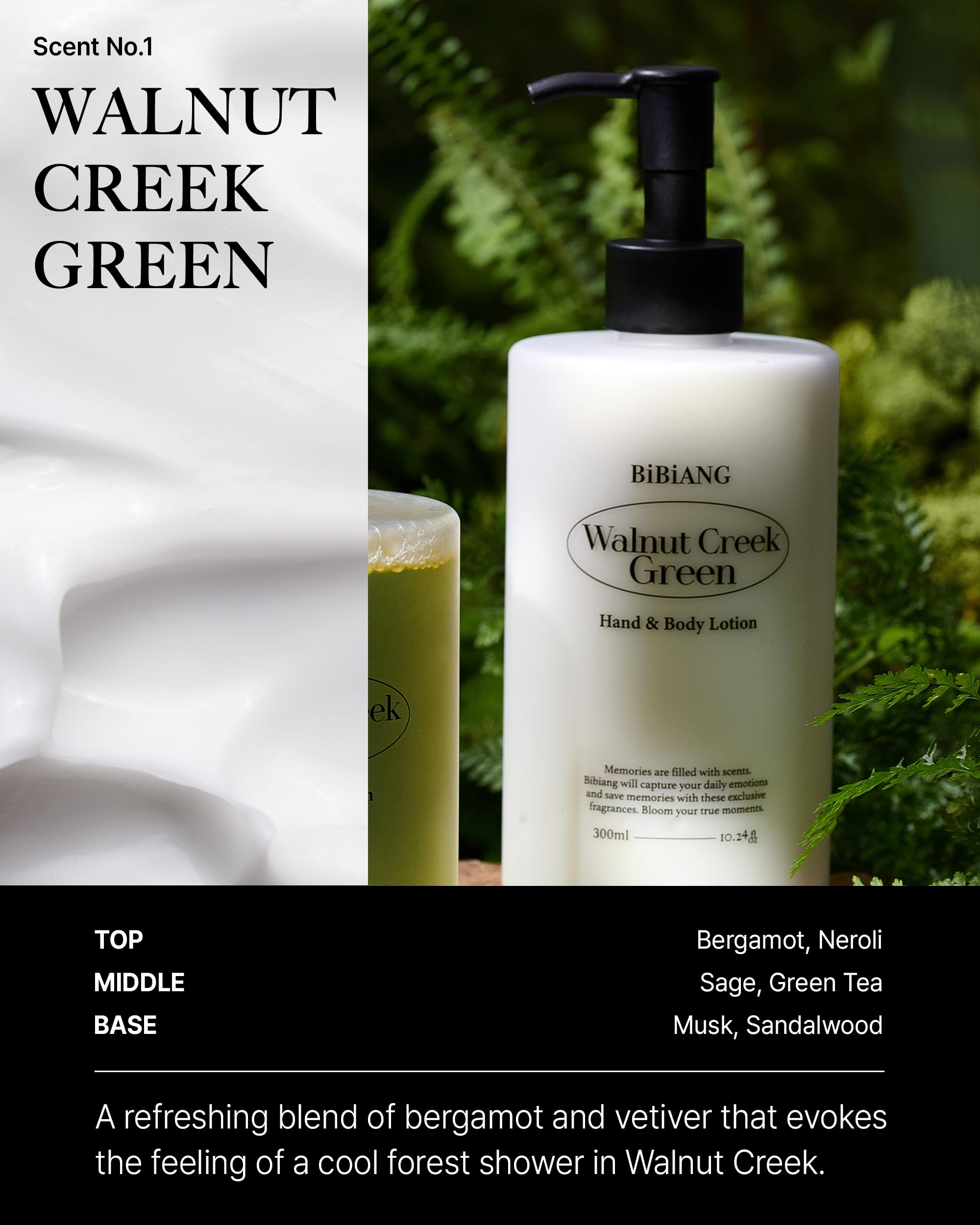 BiBiANG Walnut Creek Green Body Lotion – Forest Bergamot Scent, Shea Butter & Jojoba Oil (10.82 oz)