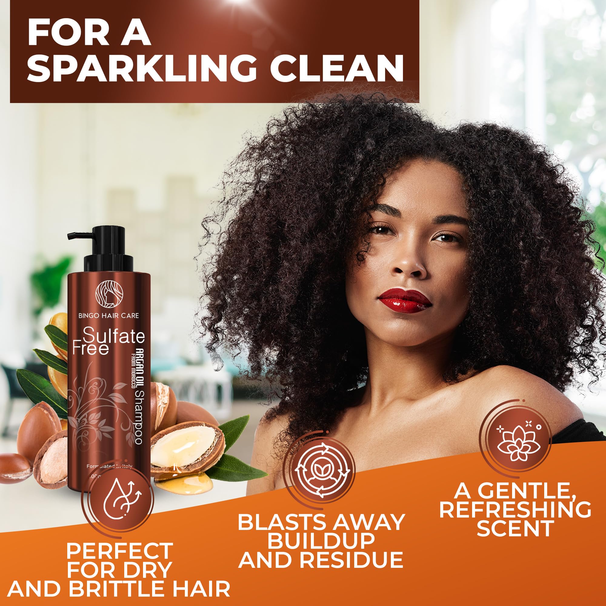 BINGO HAIR CARE Moroccan Argan Oil Shampoo – Sulfate Free, Anti-Frizz Hydration for All Hair Types
