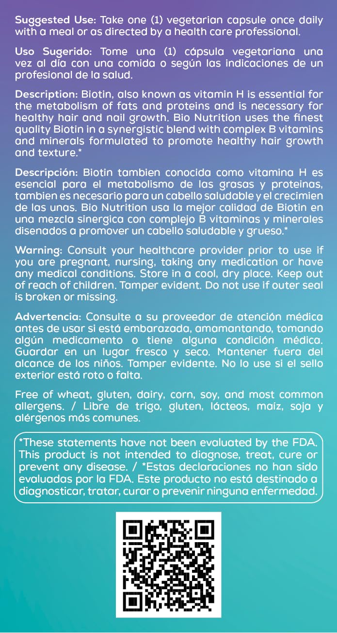 Bio Nutrition Healthy Hair Biotin Vegi-Caps, 60 Count – Vegetarian Hair & Nail Support