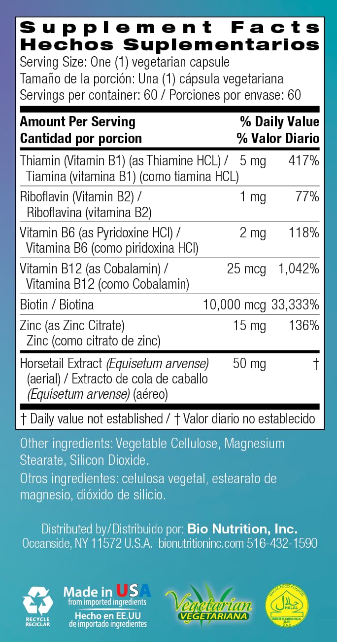 Bio Nutrition Healthy Hair Biotin Vegi-Caps, 60 Count – Vegetarian Hair & Nail Support