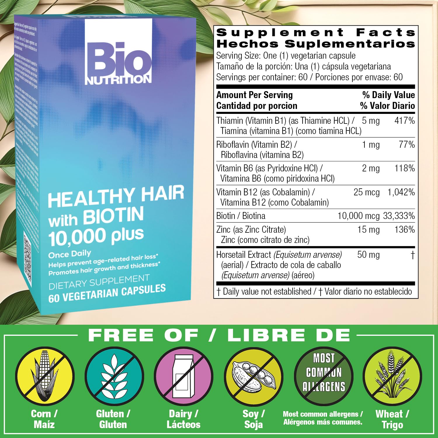 Bio Nutrition Healthy Hair Biotin Vegi-Caps, 60 Count – Vegetarian Hair & Nail Support