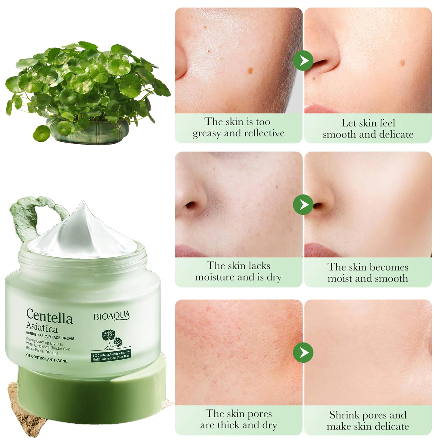 BIOAQUA Centella Asiatica Nourish Repair Face Cream – Soothing Hydration & Oil Control (Pack of 2, 50g each)