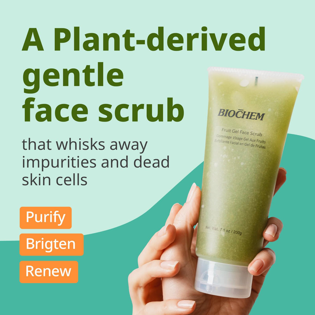 BIOCHEM Fruit Gel Face Scrub | Gentle Daily Exfoliator for All Skin Types | 7.1 fl oz / 200 g