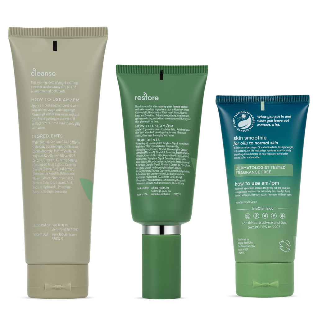 BioClarity 3-Step Essentials Routine for Normal & Oily Skin | Cleanse, Restore, Hydrate | 100% Clean Vegan