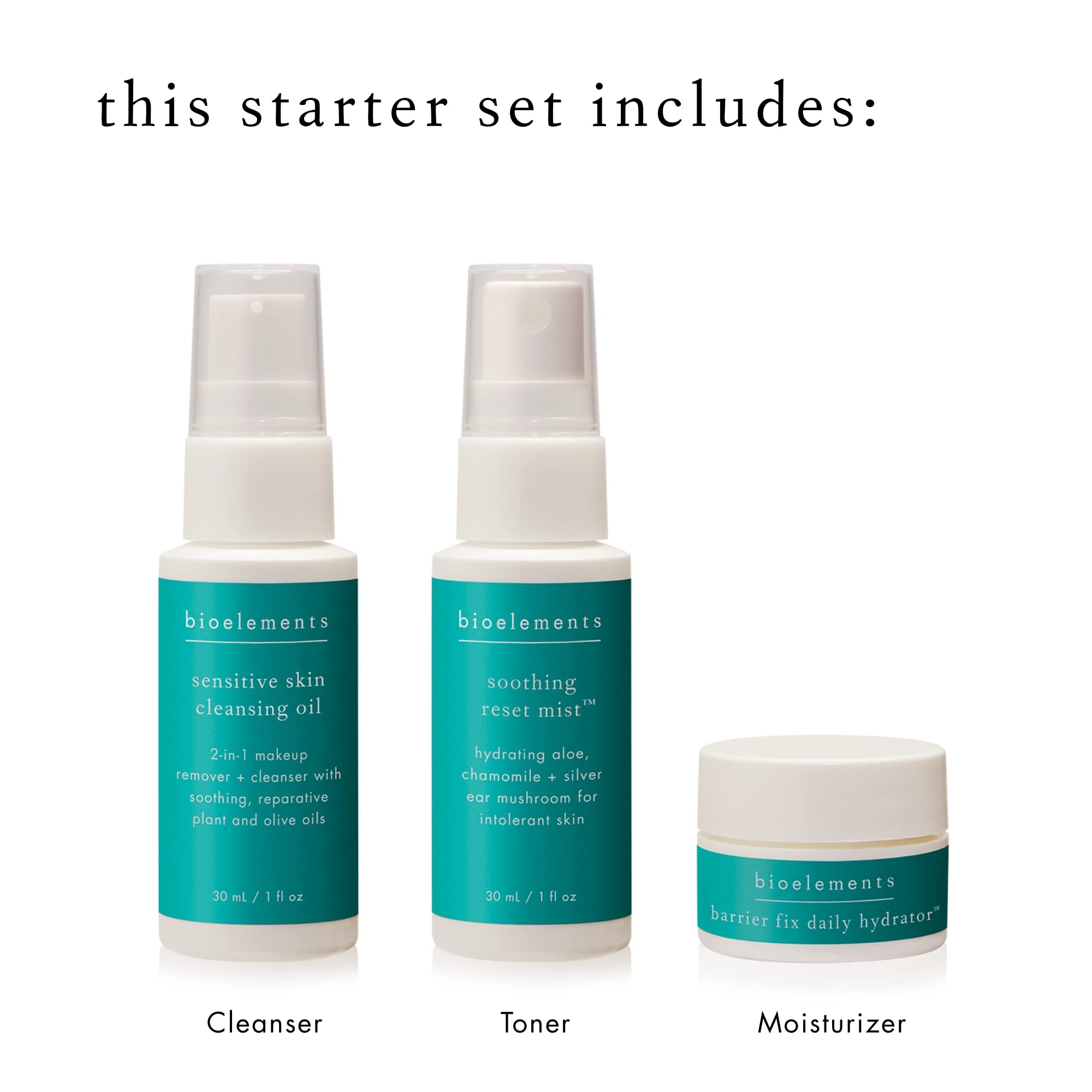 Bioelements 3-Step Mini Starter Set for Sensitive Skin | Cleansing Oil, Reset Mist Toner & Barrier Fix Moisturizer | Vegan & Gluten-Free