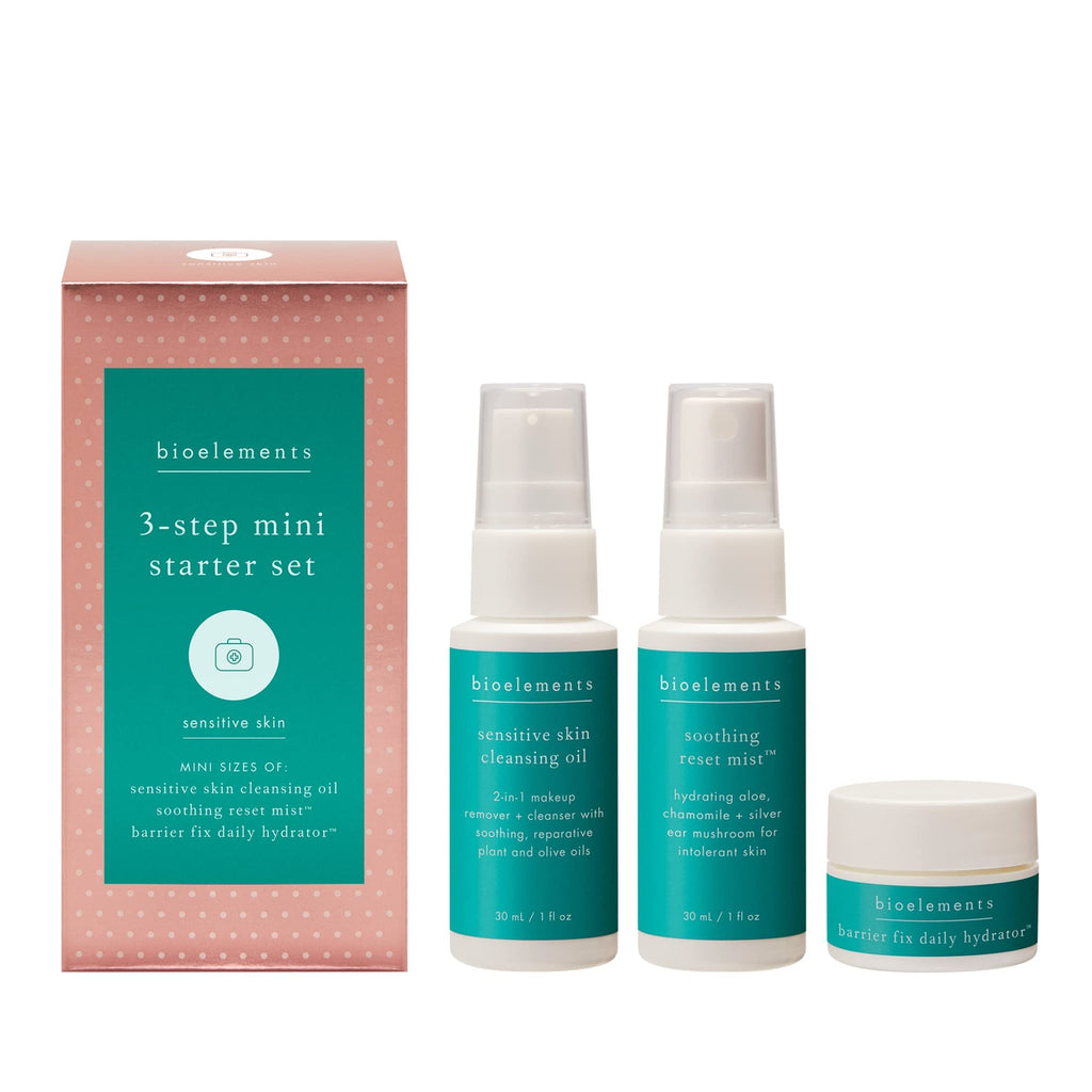 Bioelements 3-Step Mini Starter Set for Sensitive Skin | Cleansing Oil, Reset Mist Toner & Barrier Fix Moisturizer | Vegan & Gluten-Free
