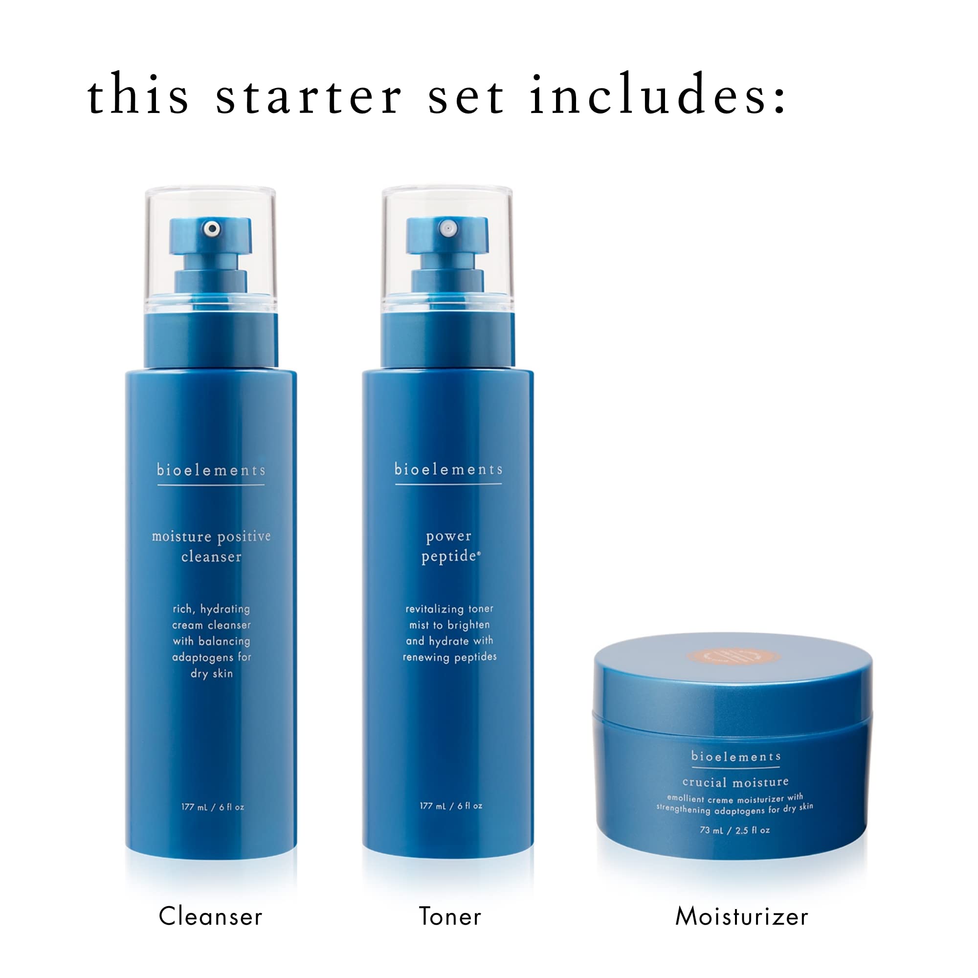 Bioelements 3-Step Starter Set for Dry Skin | Hydration Trio with Cleanser, Toner & Moisturizer
