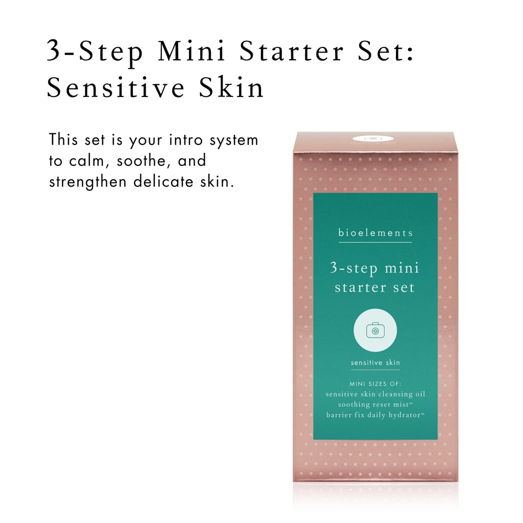 Bioelements 3-Step Mini Starter Set for Sensitive Skin | Cleansing Oil, Reset Mist Toner & Barrier Fix Moisturizer | Vegan & Gluten-Free