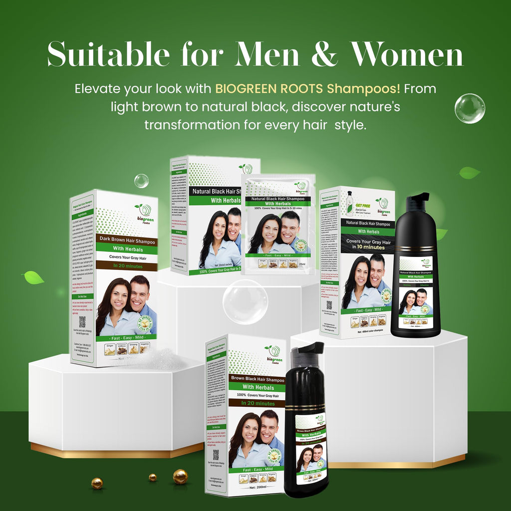 BIOGREEN ROOTS Ammonia-Free Herbal Hair Dye Shampoo – Natural Black, Paraben-Free (200 ml)