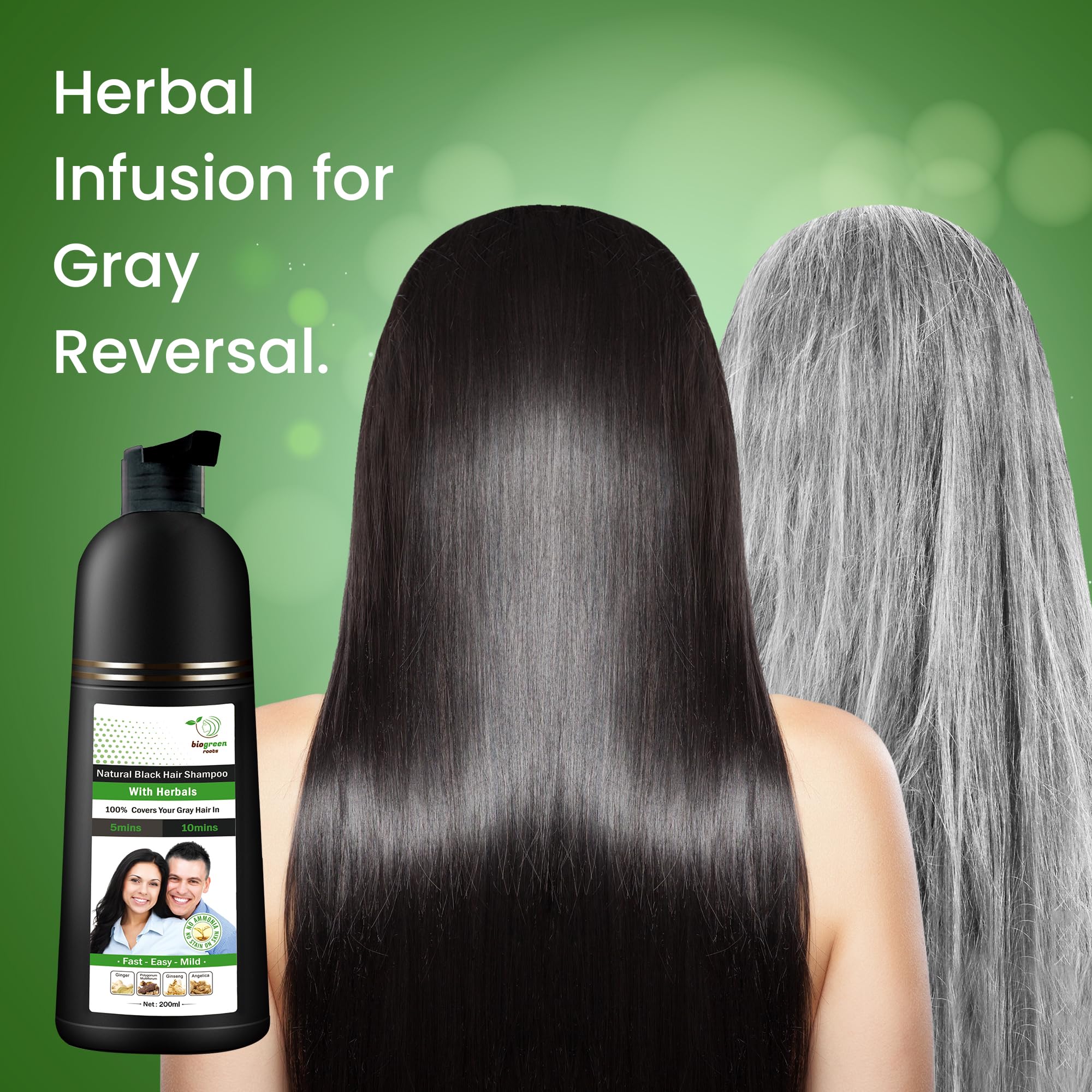 BIOGREEN ROOTS Ammonia-Free Herbal Hair Dye Shampoo – Natural Black, Paraben-Free (200 ml)