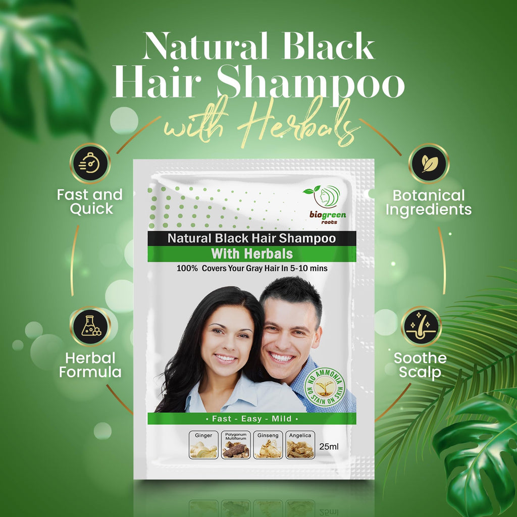 BIOGREEN ROOTS Ammonia-Free Herbal Hair Dye Shampoo – Natural Black (10 x 25 ml)