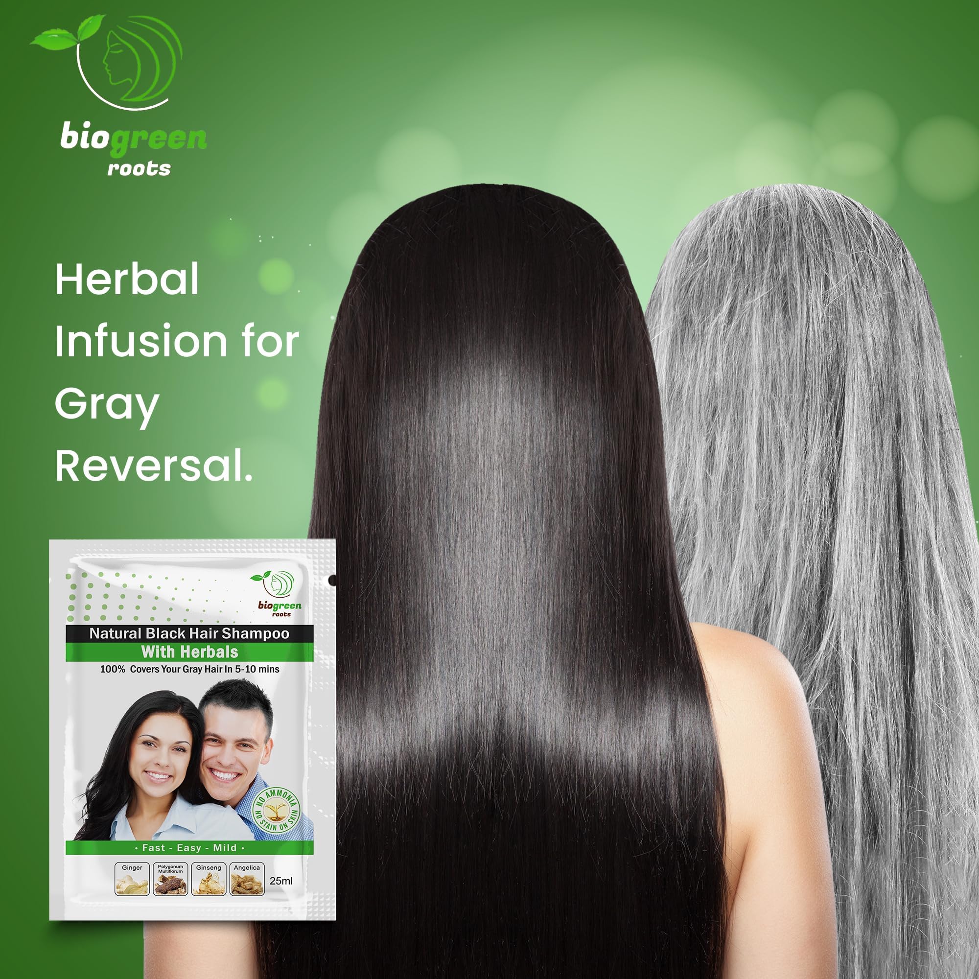 BIOGREEN ROOTS Ammonia-Free Herbal Hair Dye Shampoo – Natural Black (10 x 25 ml)