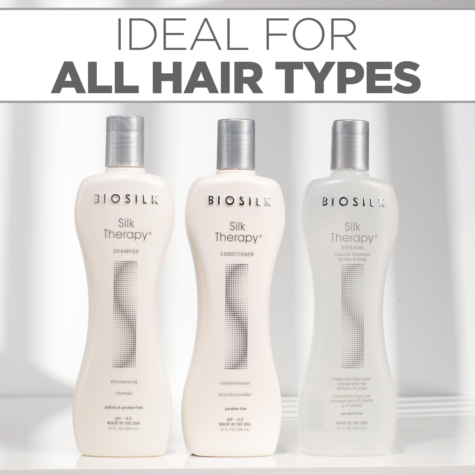 BioSilk Silk Therapy 3-Piece Shampoo, Conditioner & Serum Kit – Shine, 12 Oz, Sulfate & Paraben Free