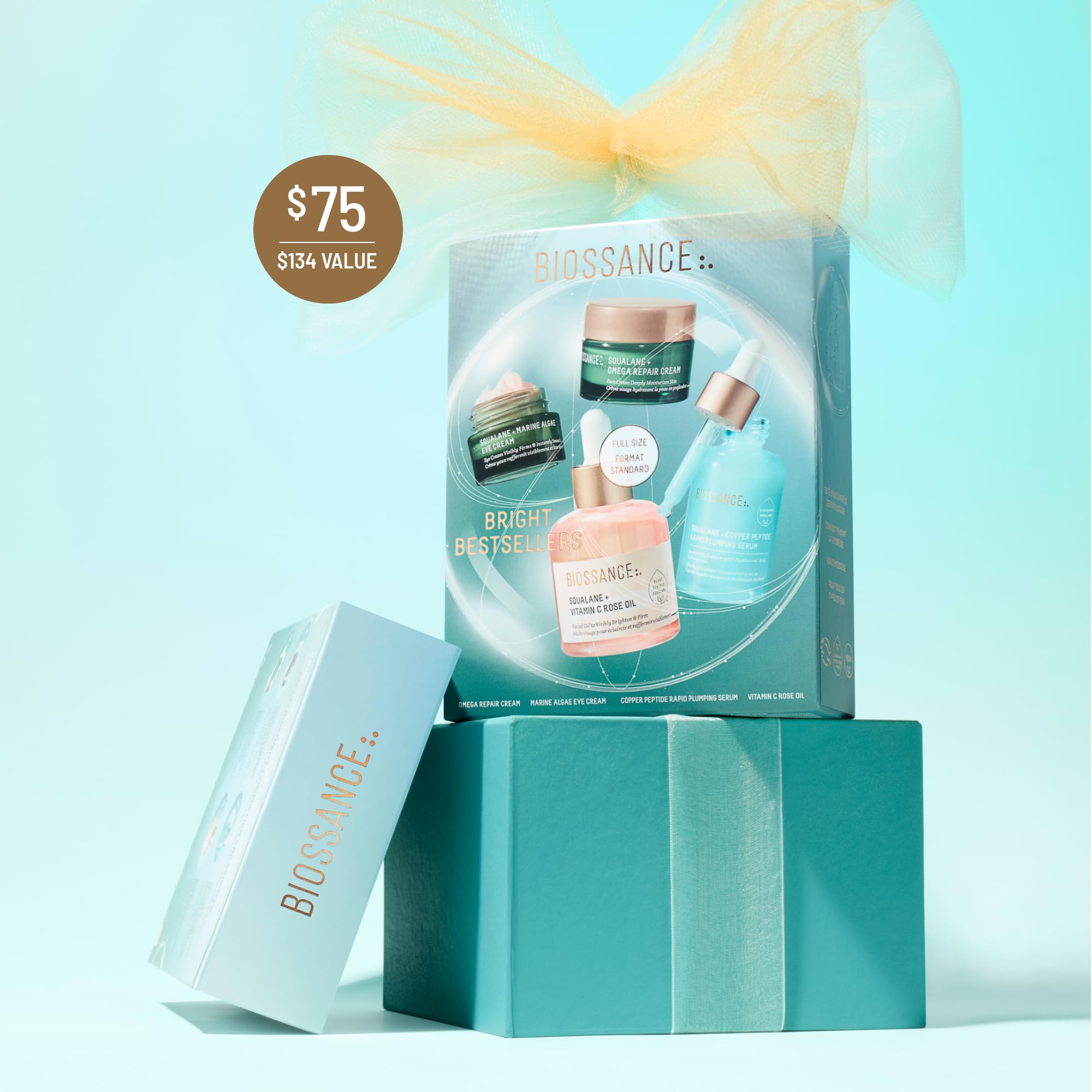 BIOSSANCE Bright Bestsellers Holiday Gift Set — Rose Oil, Copper Peptide Serum, Omega Repair Cream & Marine Algae Eye Cream | $136 Value