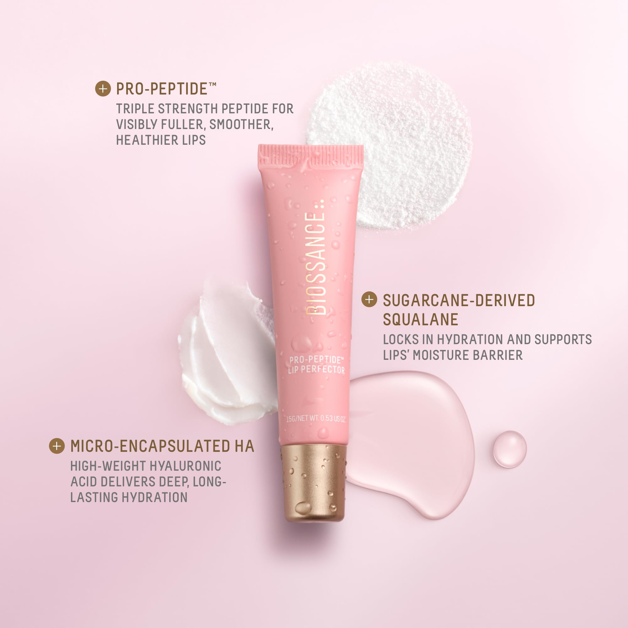 BIOSSANCE Pro-Peptide Lip Perfector – Triple-Treat Vegan Lip Balm, Deep Hydration & Silky Gloss in Blush Quartz Pink