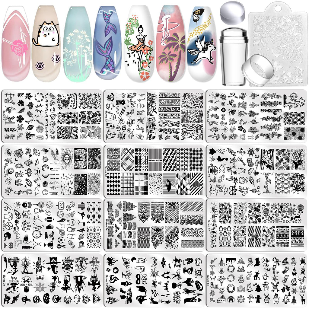 Biutee Nail Stamping Plate Set 12Pcs | Nail Art Kit with Floral, Leaves & Lace Designs