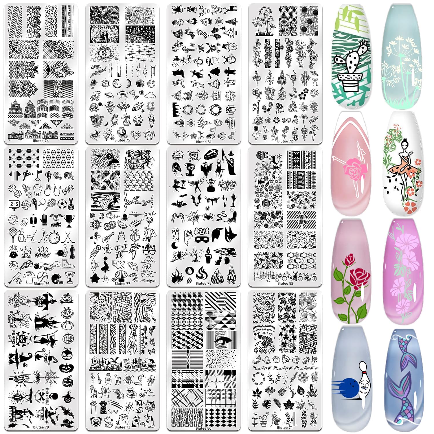 Biutee Nail Stamping Plate Set 12Pcs | Nail Art Kit with Floral, Leaves & Lace Designs
