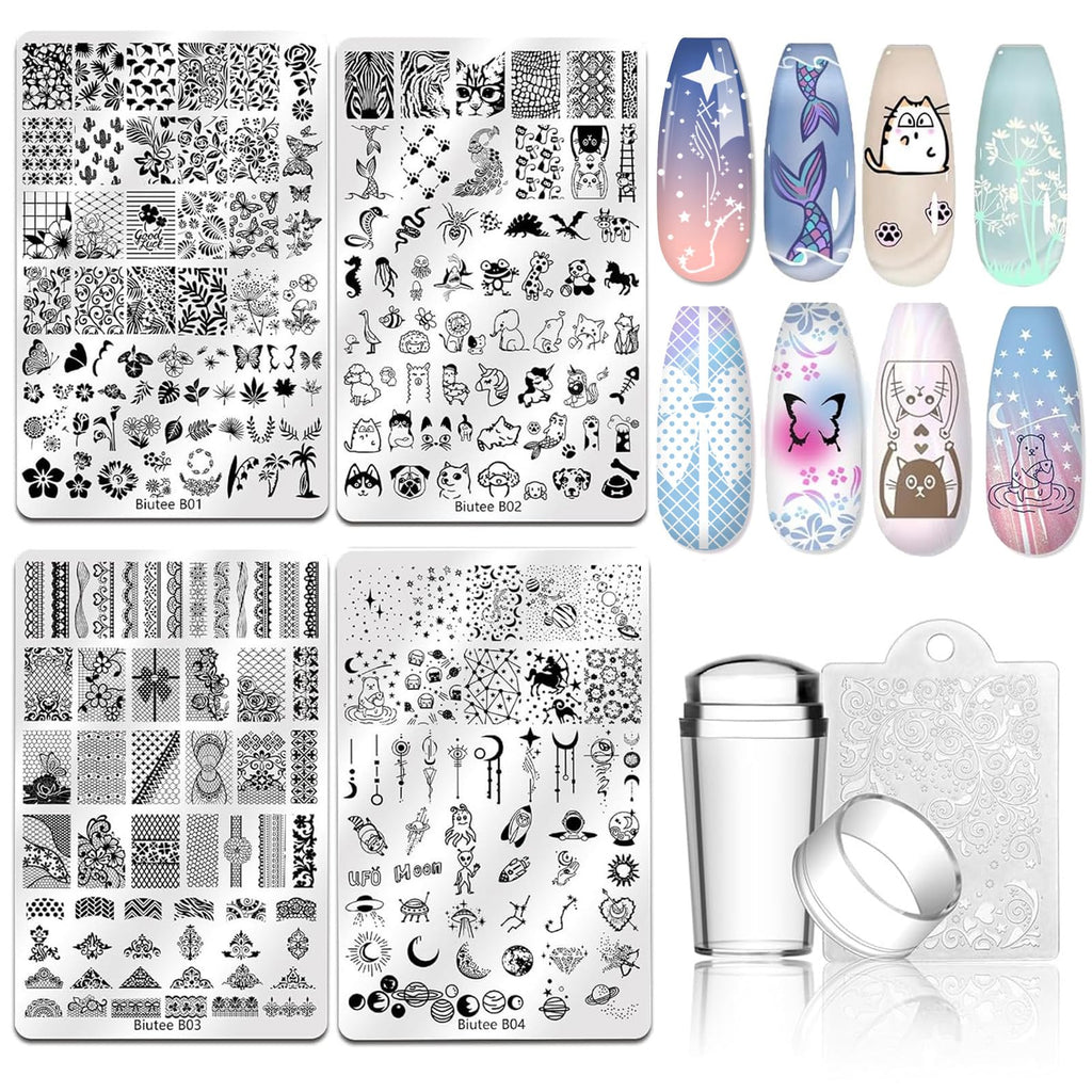 Biutee Nail Stamping Plate Kit – 7-Piece Stamper, Plates & Scraper for DIY Nail Art
