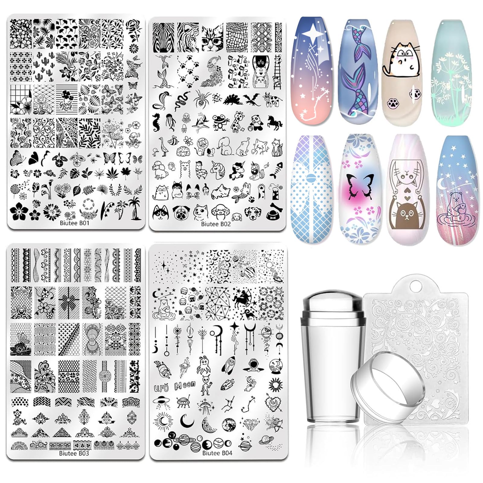 Biutee Nail Stamping Plate Kit – 7-Piece Stamper, Plates & Scraper for DIY Nail Art
