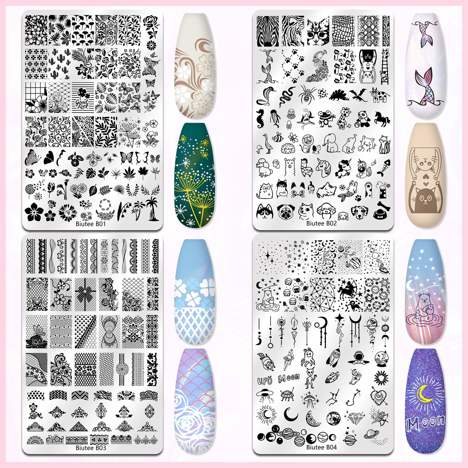Biutee Nail Stamping Plate Kit – 7-Piece Stamper, Plates & Scraper for DIY Nail Art