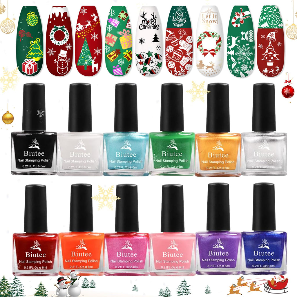 Biutee Nail Stamping Polish - 12 Colors (6ml) - Air Dry, Gift Box