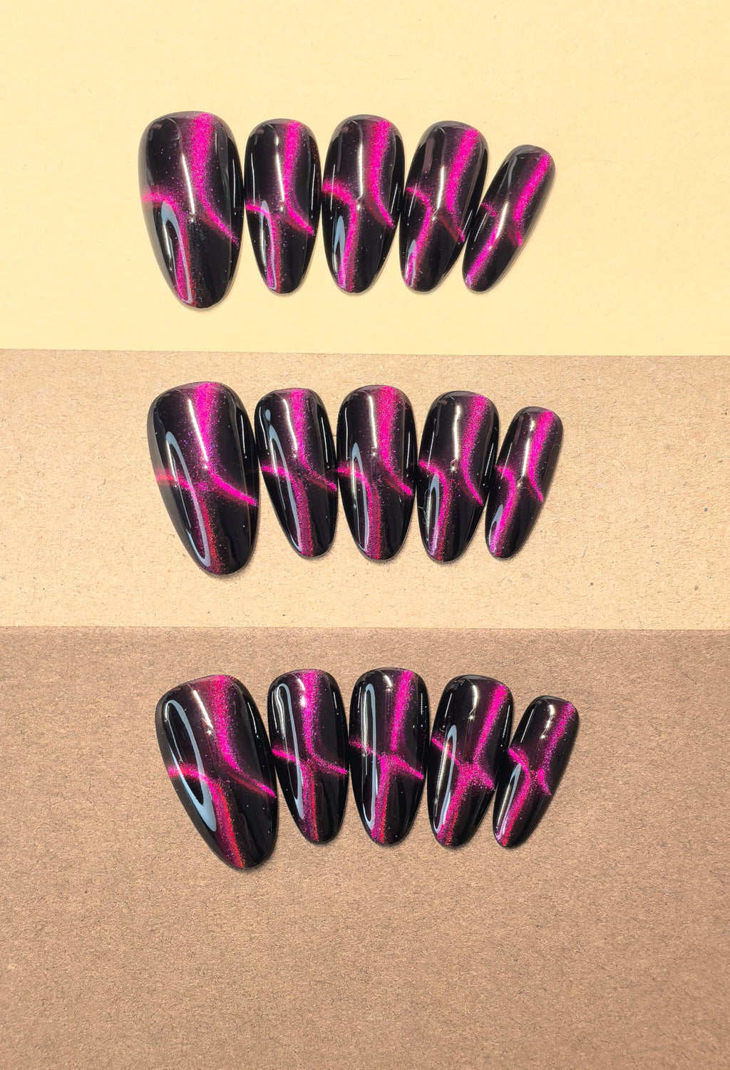 Black Double Pink Cat Eye Press-On Nails – Medium Almond, 10 Pieces | Sparkling Star Design