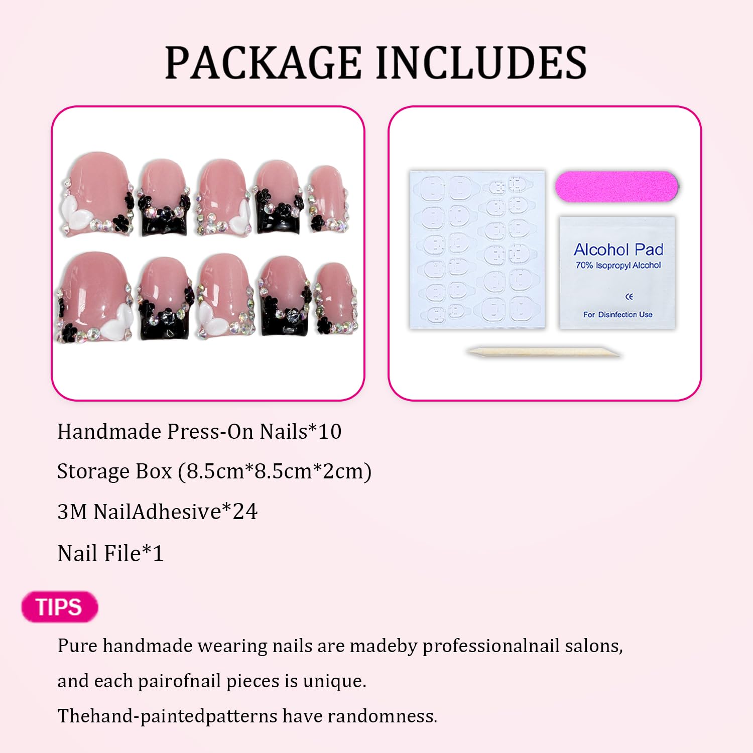 Black French Tip Press-On Nails – Short Square Handmade 3D Flower Rhinestones, Thick Acrylic & Multi-Layer Gel