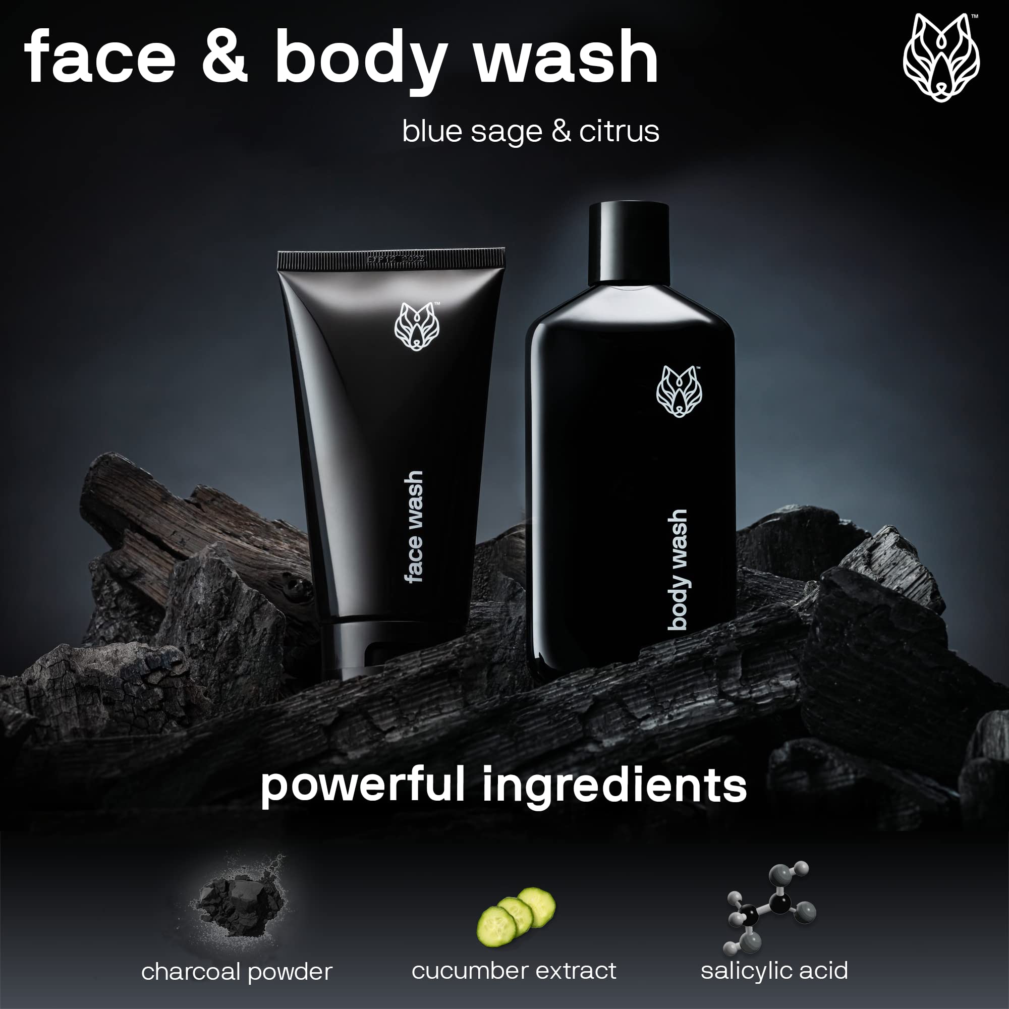 Black Wolf Charcoal Face & Body Wash Bundle for Oily Skin – 2pc Gift Set