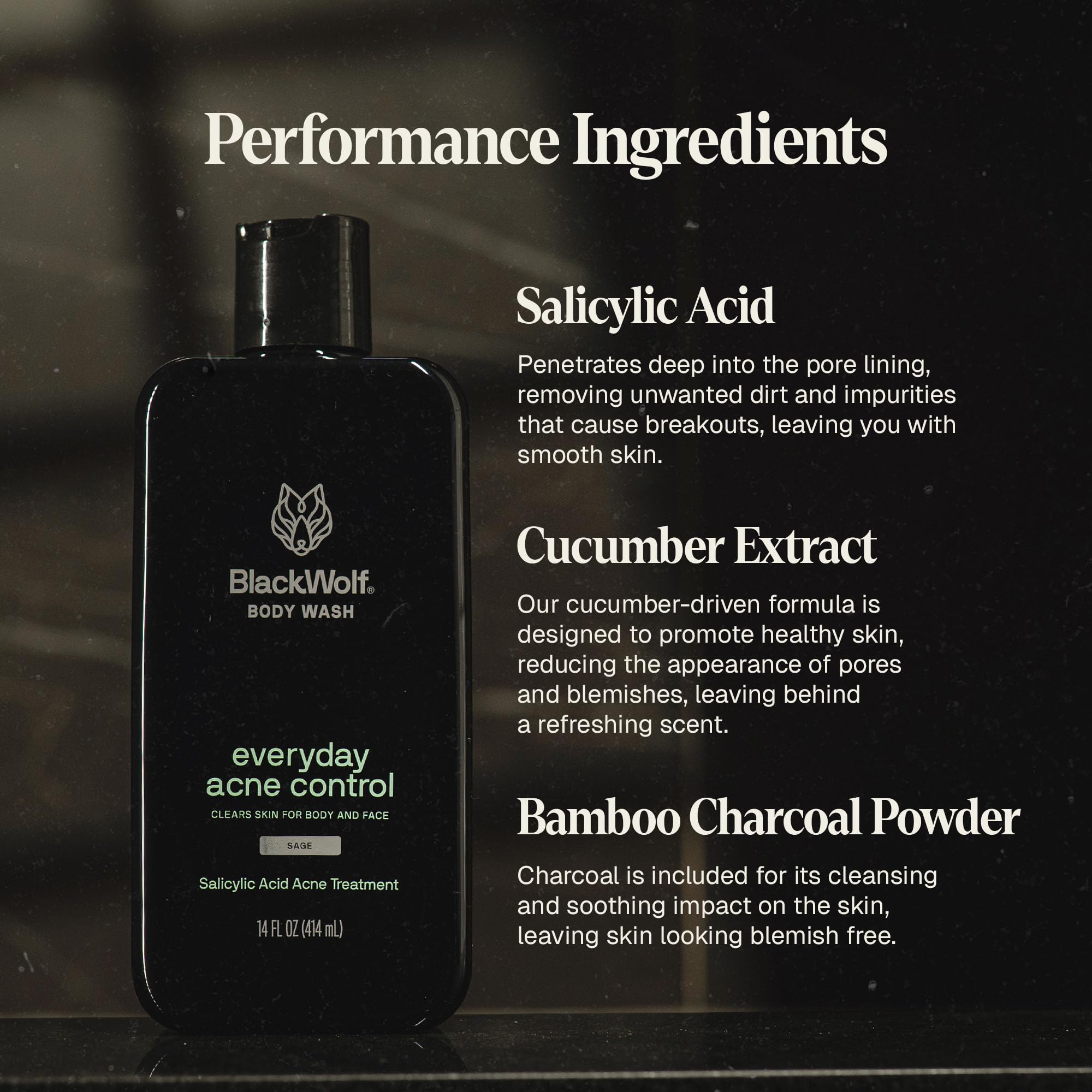 Black Wolf Salicylic Acid Body Wash for Men – Charcoal, 2-Pack (10 oz each)