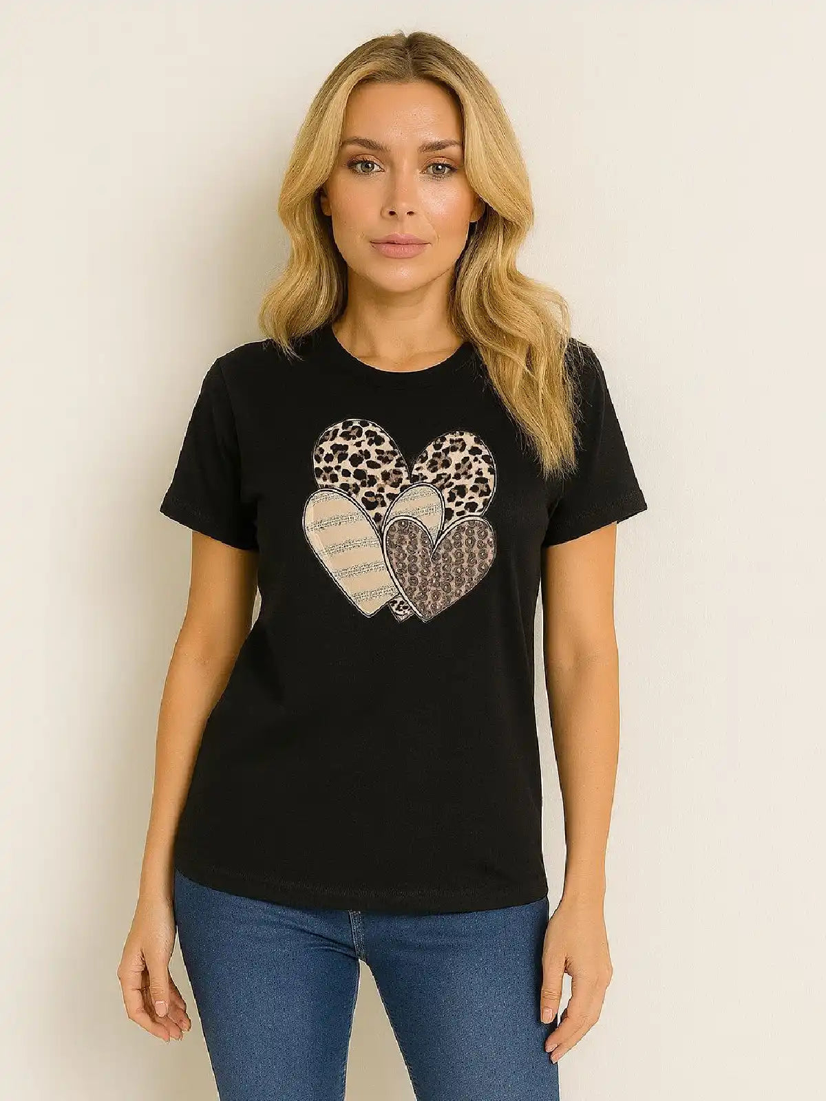 Leopard Print Multi Hearts Graphic T shirt