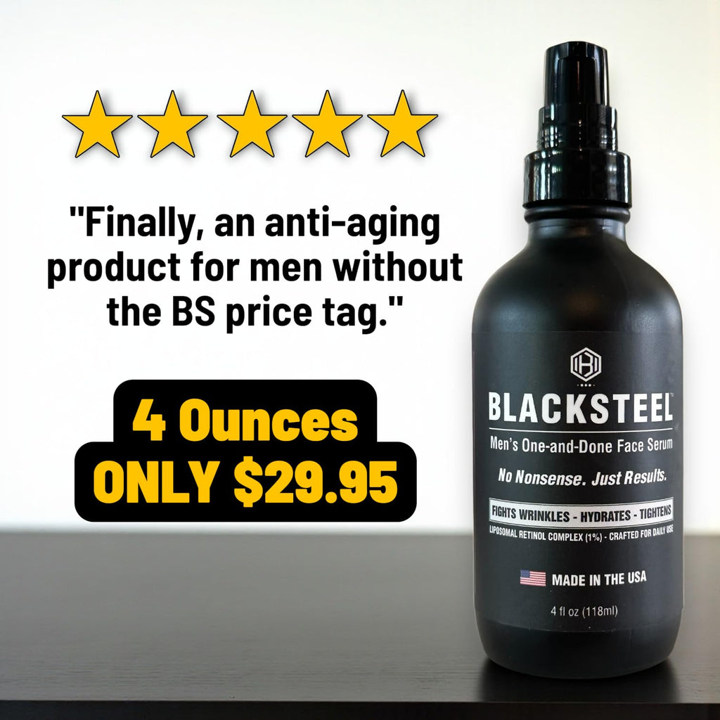 BLACKSTEEL Men's Anti-Aging Serum with Retinol & Hyaluronic Acid | One-Step Daily Wrinkle Reduction & Hydration | Made in USA | 4 oz