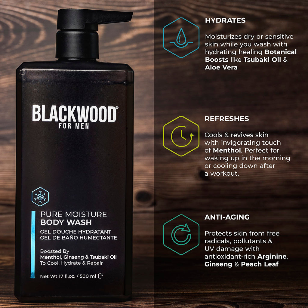 Blackwood For Men Pure Moisture Body Wash – Ginseng, Menthol, Sulfate Free, 17oz | Vegan & Dye Free