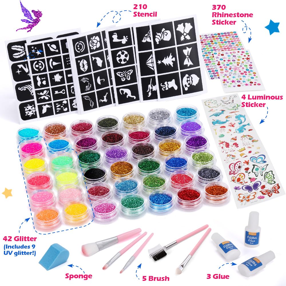 Bledras Temporary Glitter Tattoo Kit — 42 Colors, 210 Stencils, 3 Glue, 5 Brushes