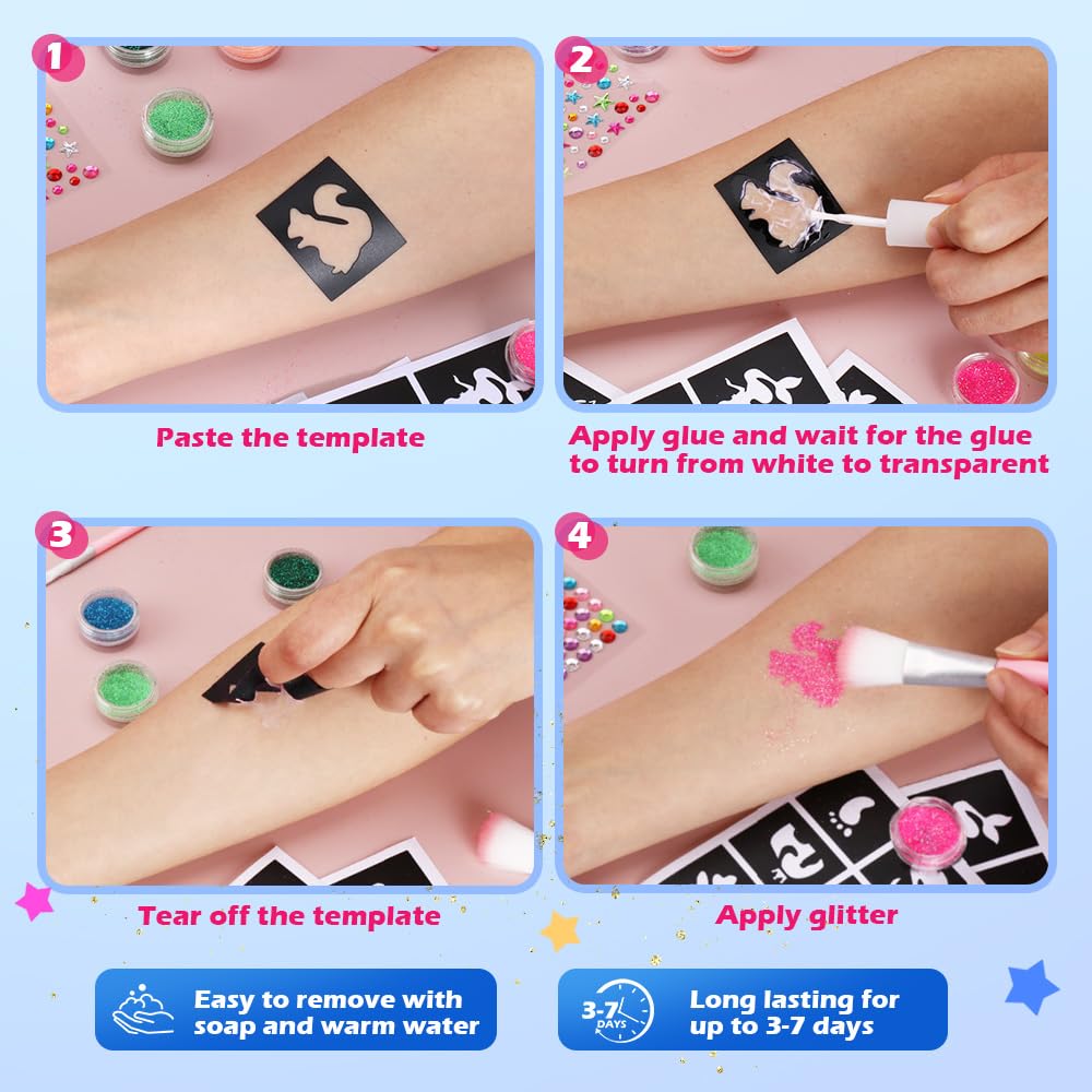 Bledras Temporary Glitter Tattoo Kit — 42 Colors, 210 Stencils, 3 Glue, 5 Brushes